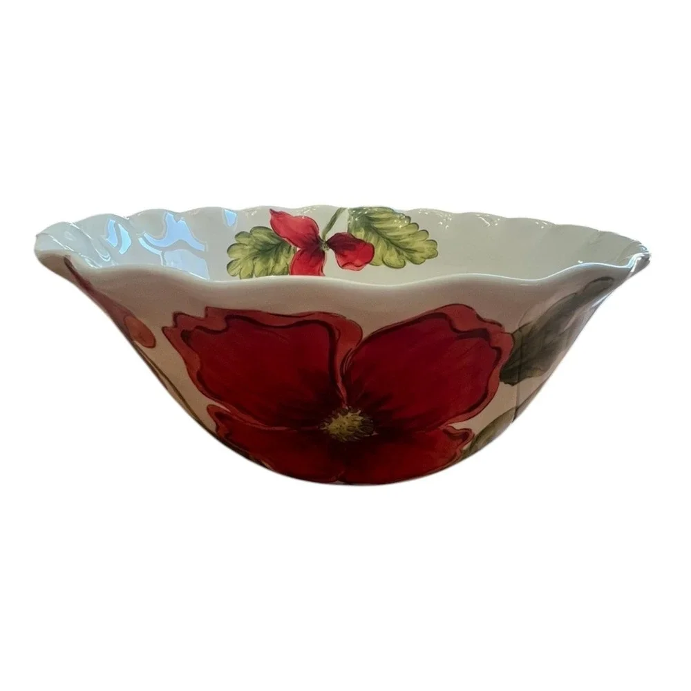 Maxcera‎ Cream Poppies Serving Bowl Large 10in White Red NWOT Floral Scalloped